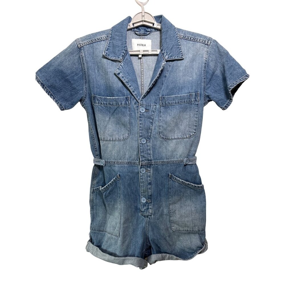 Pistola Parker Denim Romper Size Medium Jumpsuit Shorts Blue Utility Field Suit‎
